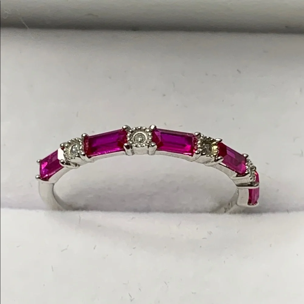10kt White Gold Baguette Lab Ruby & Natural Diamond Band Ring Stacking Size 7 - Picture 3 of 15